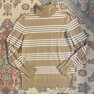Chaps Beige and White Striped Turtleneck Sweater